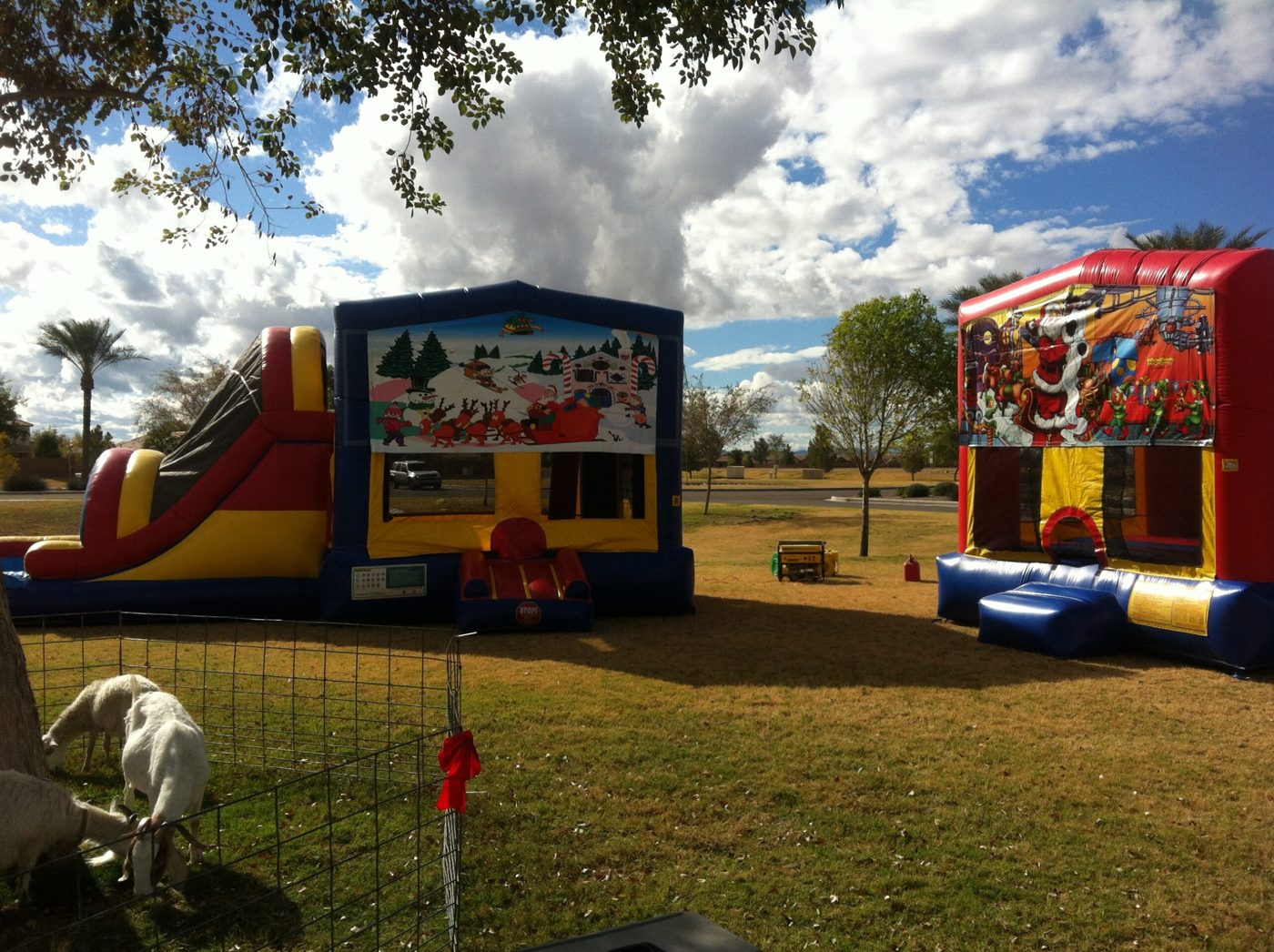 Bounce houses, slide and petting zoo at a park event